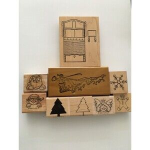 Wood Rubber Stamps Lot Of 9 Assorted New Craft Christmas Stamps Holiday Gifts